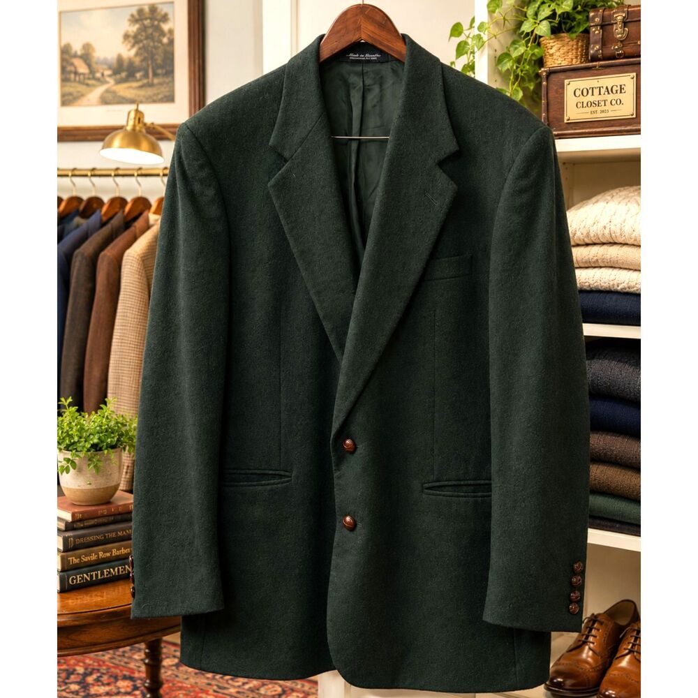 Vintage Camel Hair Blazer 44R Forest Green Leather Button Sport Coat Old Money
